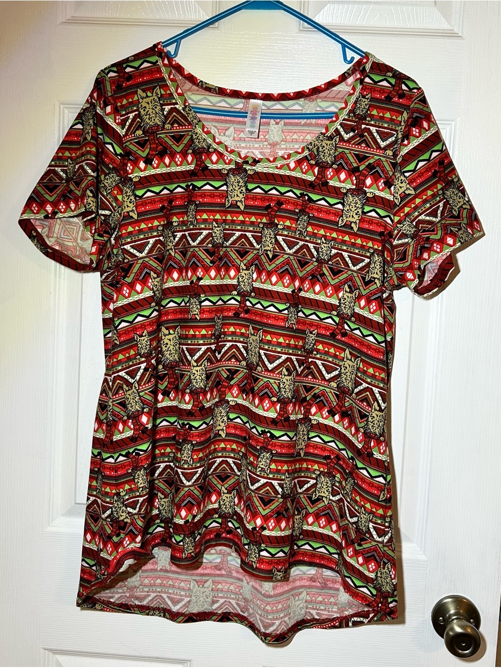 LuLaRoe Red Christmasy Scotty Dog Print Short-Sleeve Tee